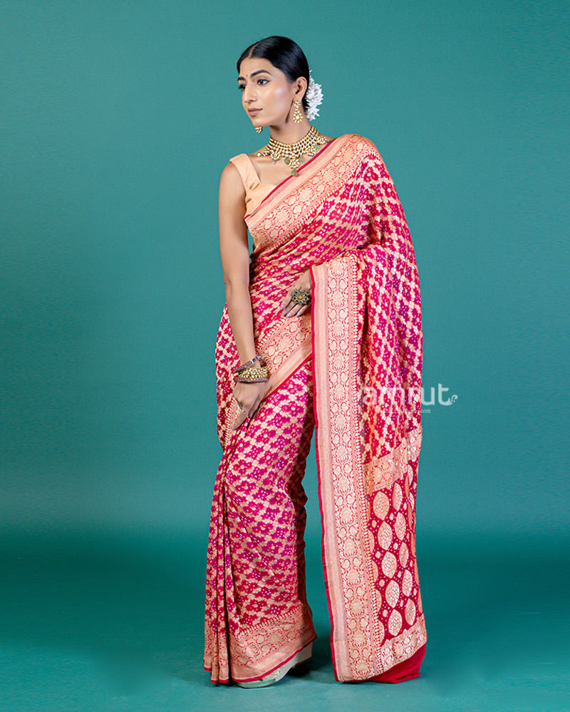 Red and Pink Zari Woven & Bandhej Floral Motifs Saree with Unstitched Blouse