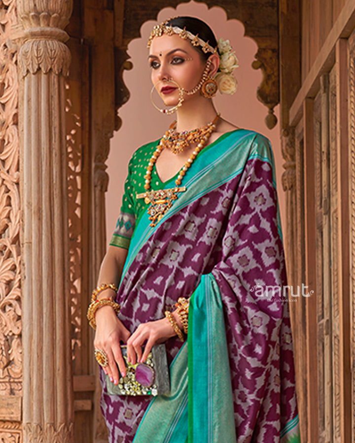 Purple Patola Silk Saree with Foil Print & Teal Green Border with Unstitched Blouse