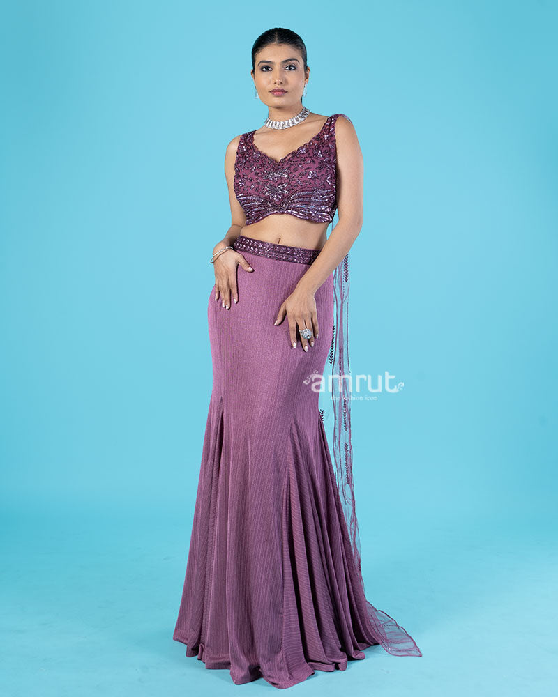 Violet Draped Skirt with Crop Top and Attached Flare Dupatta at One Side