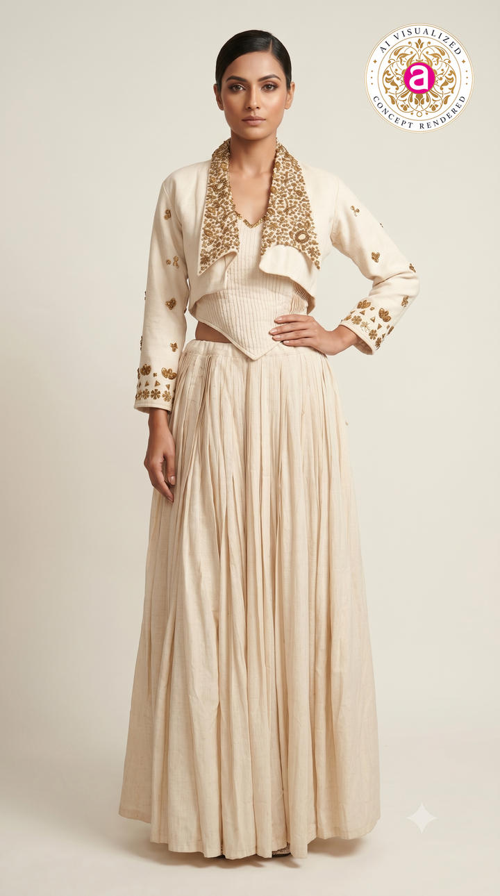 Ivory Embroidered Jacket with Corset Top & Gathered Skirt Co-Ord Set
