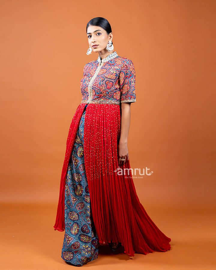 Red Front Cut Designer Kurti with Blue Printed Palazzo