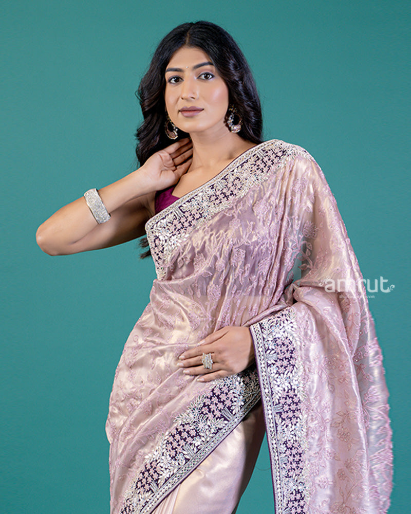 Light Purple Saree with Intricate Border Detailing and Unstitched Blouse