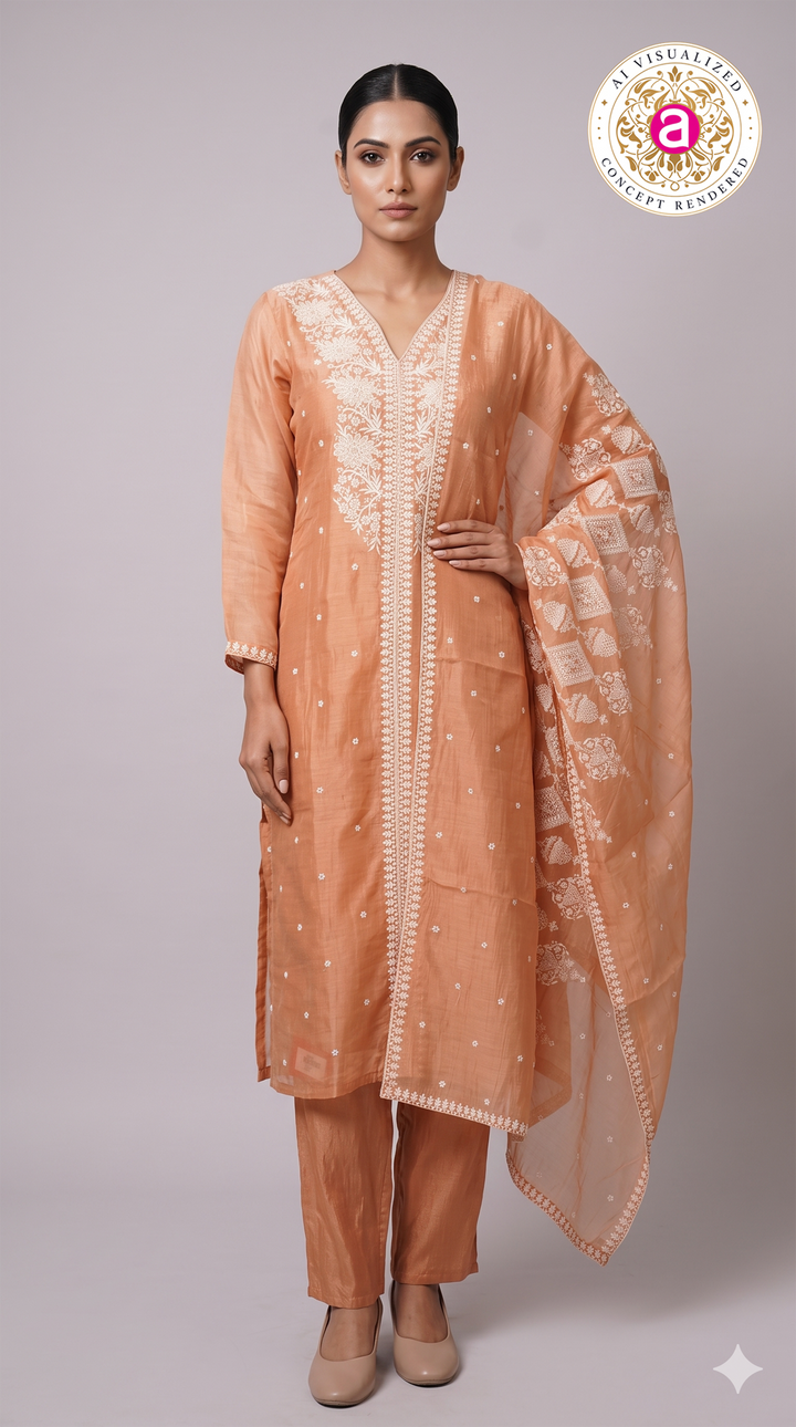 Peach Embroidered Straight Kurta Set with Matching Pants & Dupatta