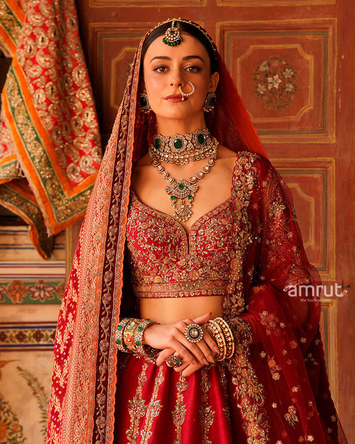 Maroon Red Golden Embroidered Bridal Lehenga with Dupatta