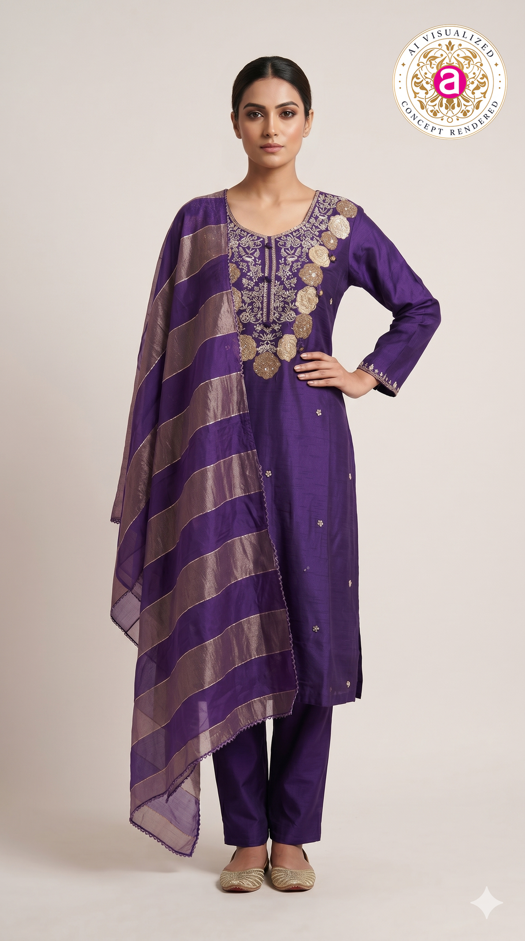 Royal Purple Embroidered Kurta Set with Organza Dupatta
