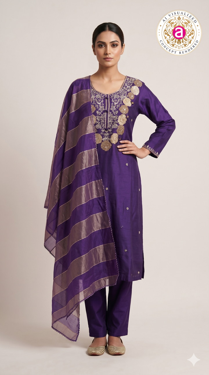Royal Purple Embroidered Kurta Set with Organza Dupatta