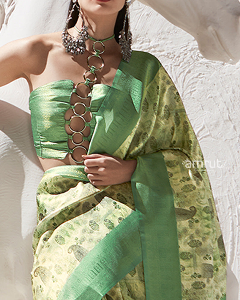 Green Floral-Print Pastel Yellow Silk Saree with Unstitched Blouse