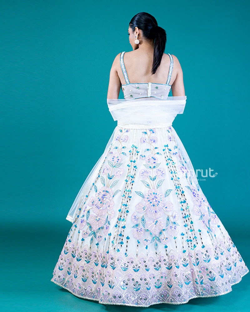 Embellished White Lehenga with Floral Embroidery and Sheer Off-White Dupatta