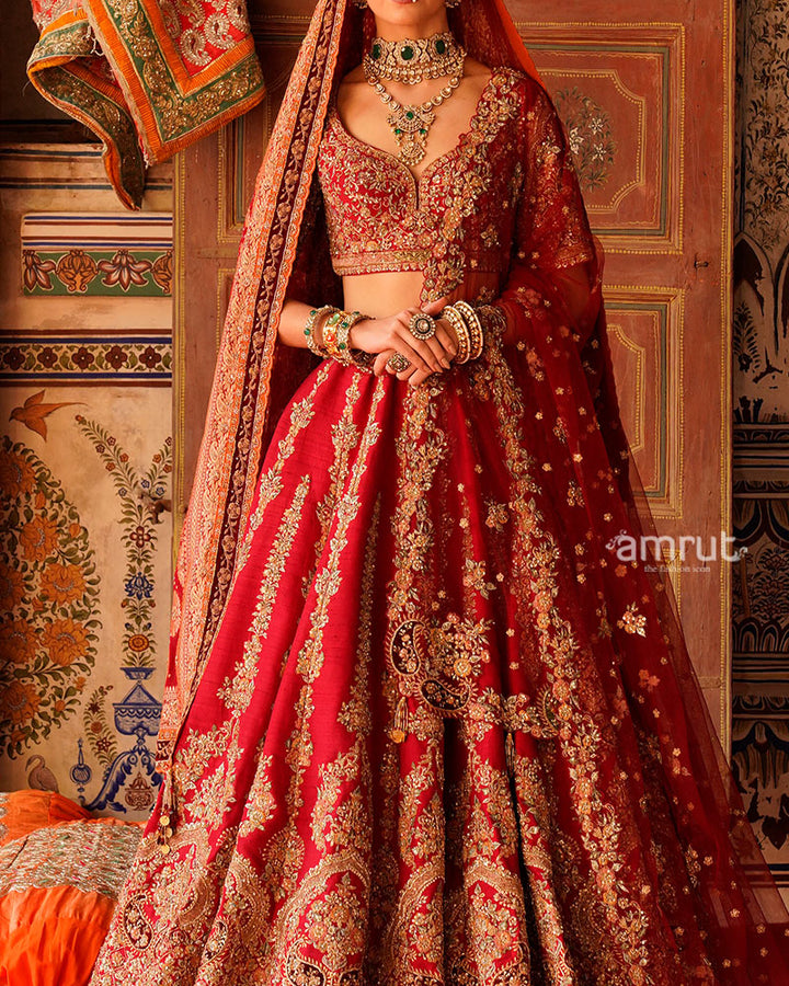 Maroon Red Golden Embroidered Bridal Lehenga with Dupatta