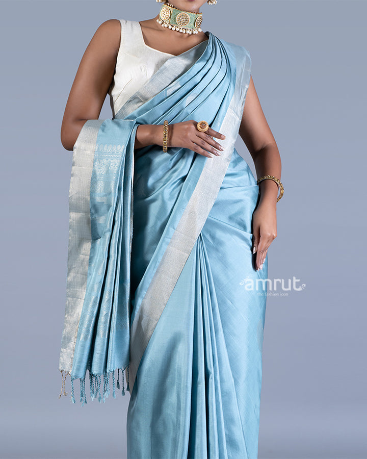 Light Blue with Golden Zari Leaf Patterns and Geometric Motifs Saree with unstitched blouse