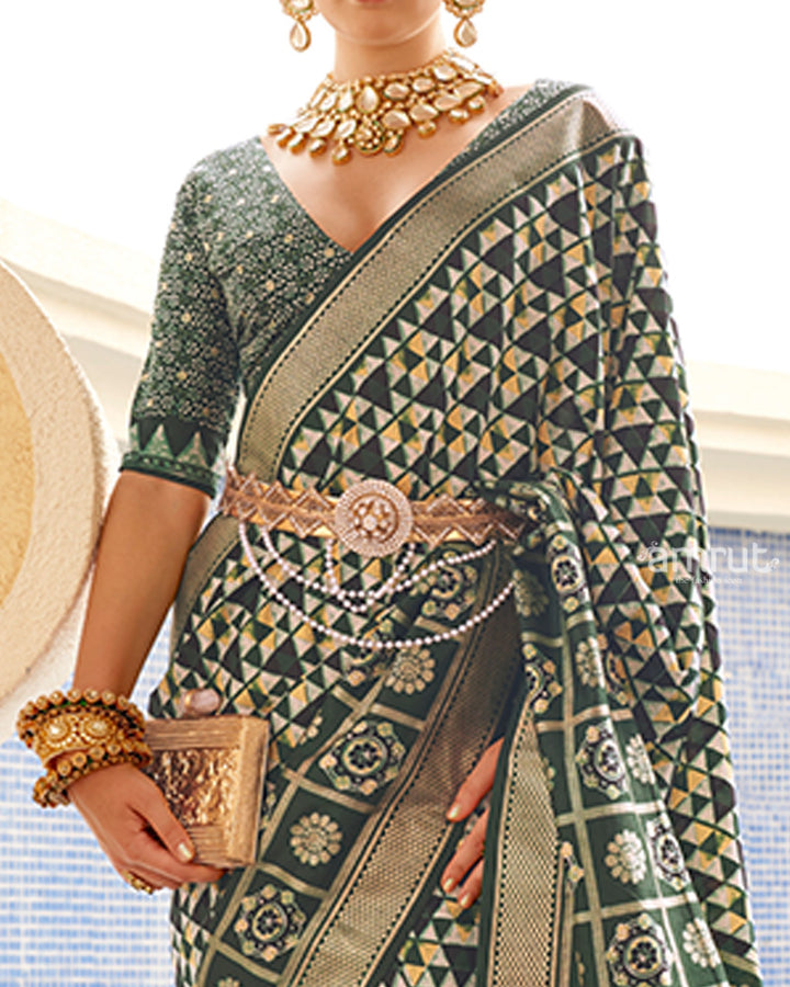 Green & Cream Geometric Printed Embellished Zari Border Silk Saree with Unstitched Blouse