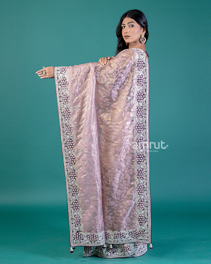 Light Purple Saree with Intricate Border Detailing and Unstitched Blouse