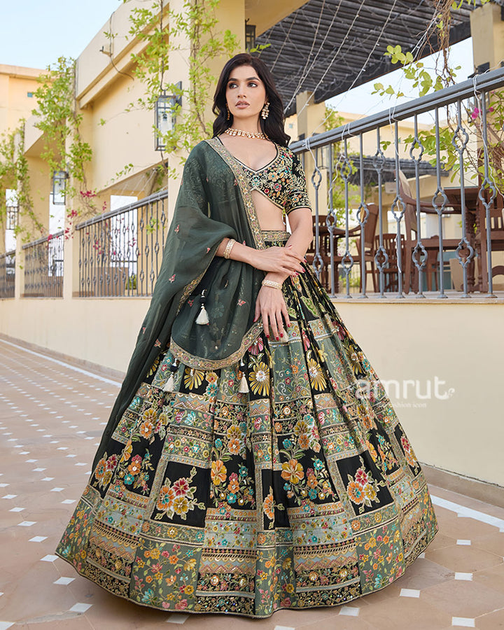 Black Colorful Floral Embroidered Lehenga Choli with Matching Dupatta