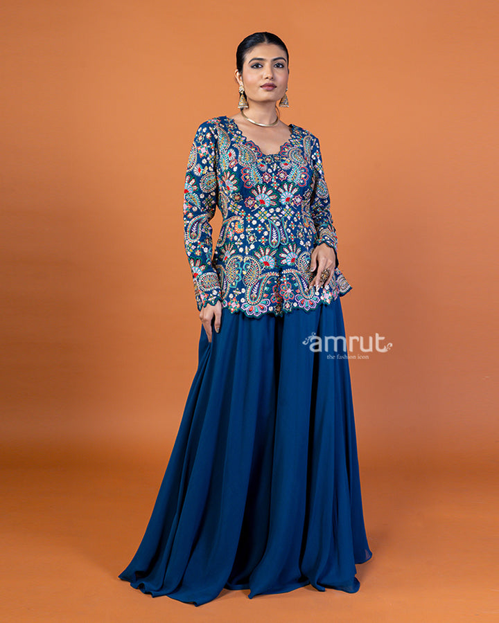 Dark Blue Embroidered Plum Top with Flowing Sharara Pants