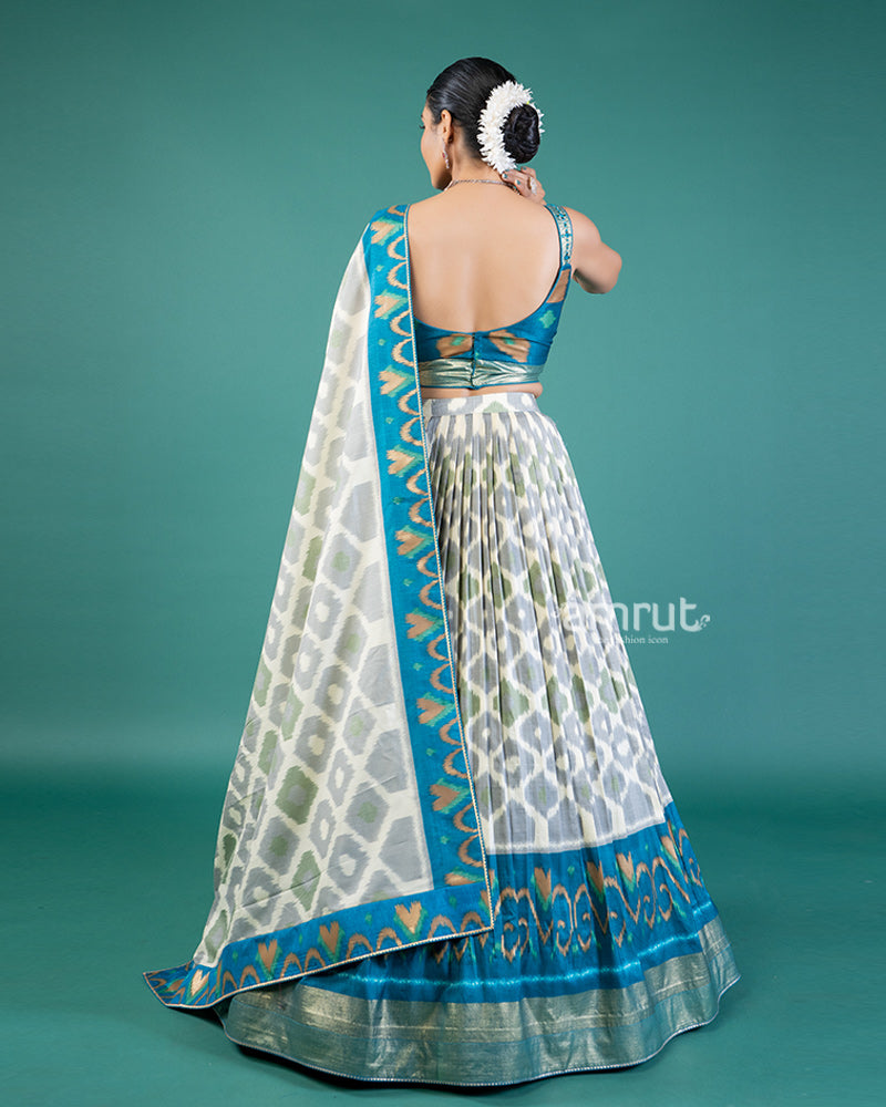 Teal-and cream Geometric Print Lehenga Choli & Dupatta