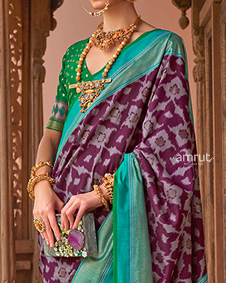 Purple Patola Silk Saree with Foil Print & Teal Green Border with Unstitched Blouse