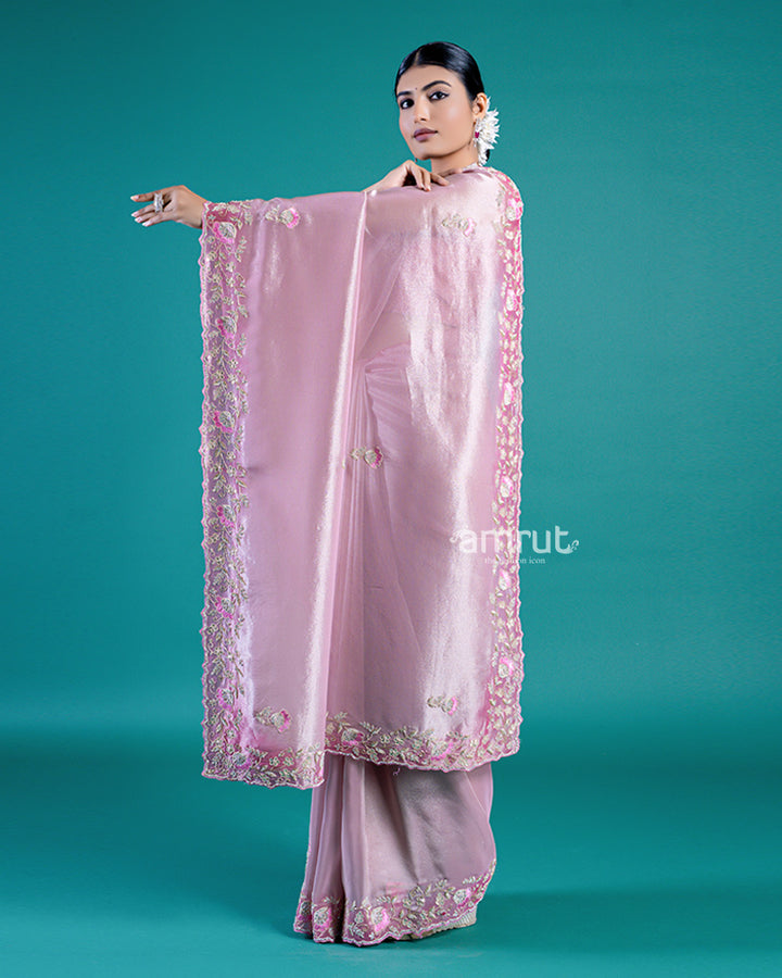 Light Pink Organza Saree With Floral-Detail Embellished Border and Unstitched Blouse