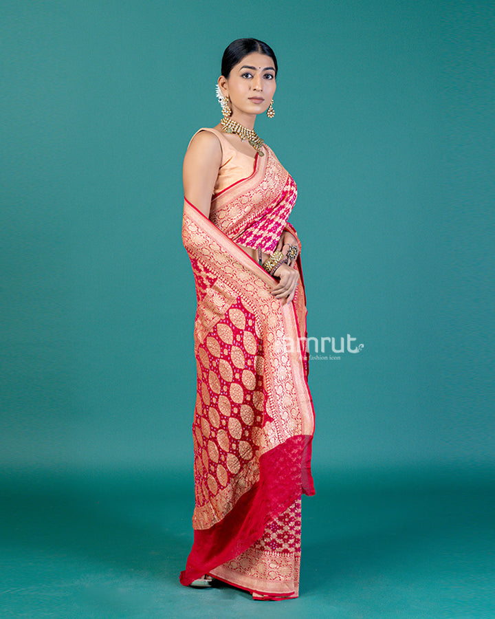 Red and Pink Zari Woven & Bandhej Floral Motifs Saree with Unstitched Blouse