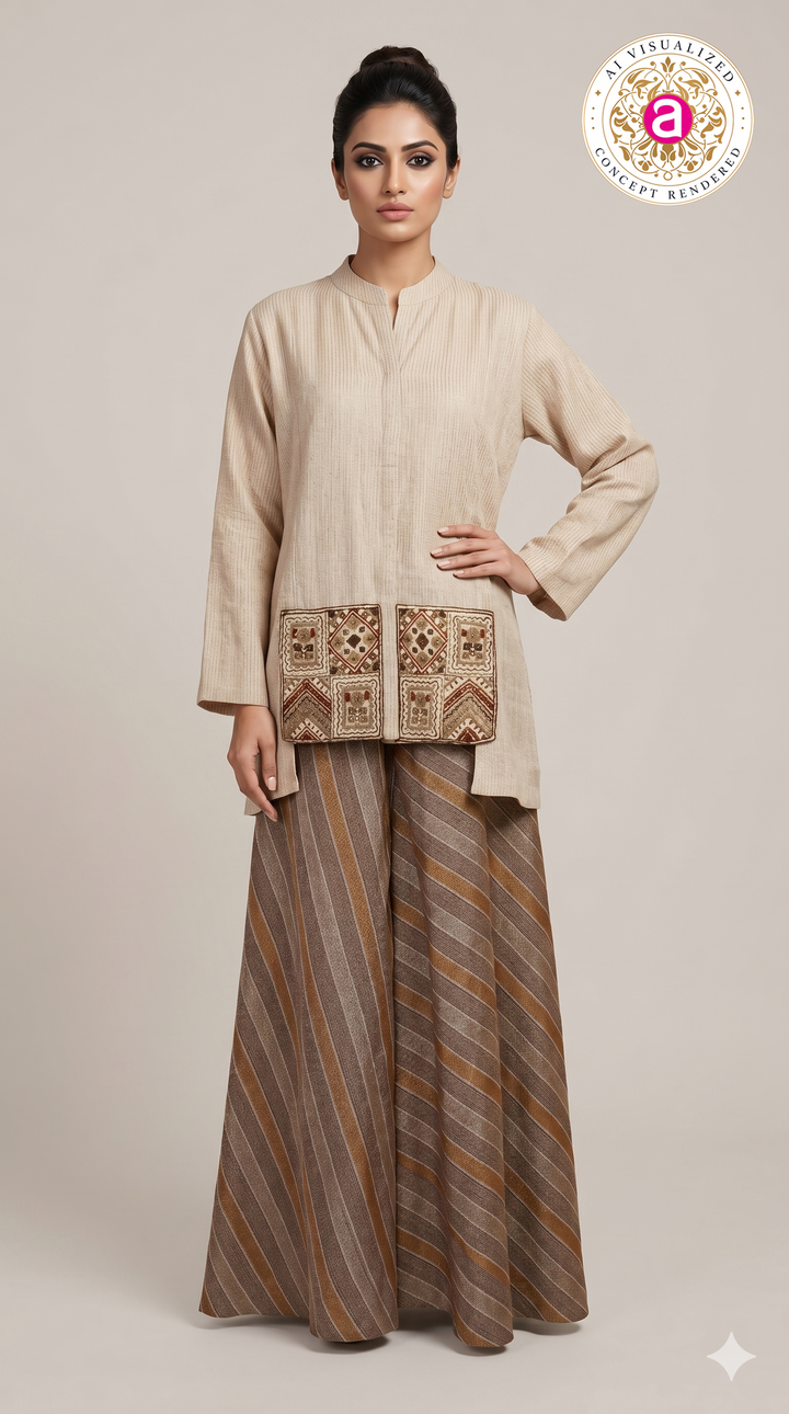 Beige Embroidered Tunic with Striped Palazzo Set