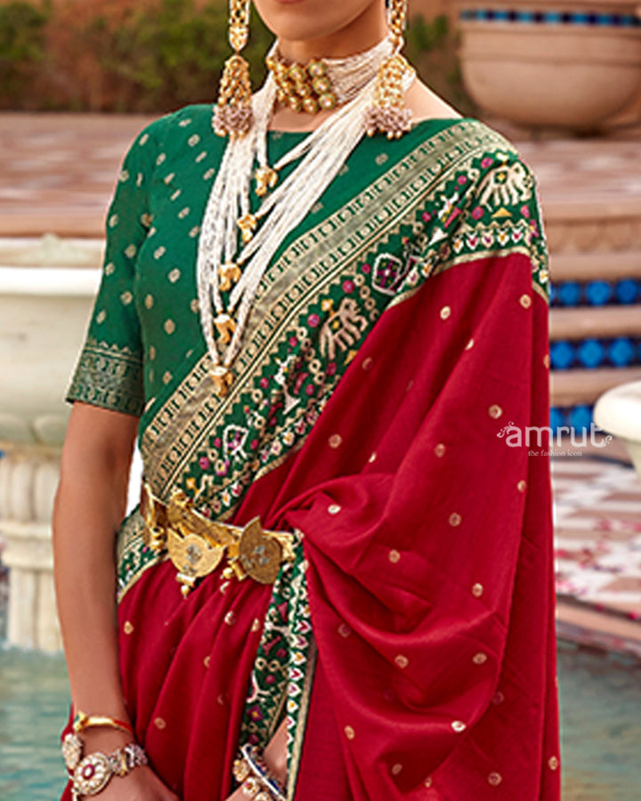 Red Zari Weaving Green Border Saree in Patola Silk with Unstitched Blouse