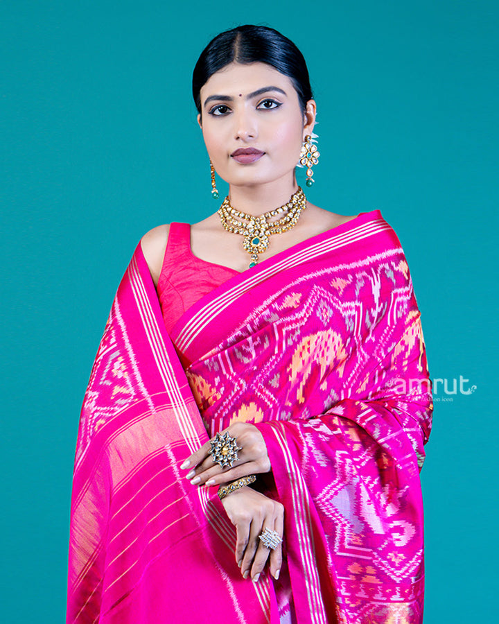 Magenta Pink Ikat Print Patola Saree with Unstitched Blouse