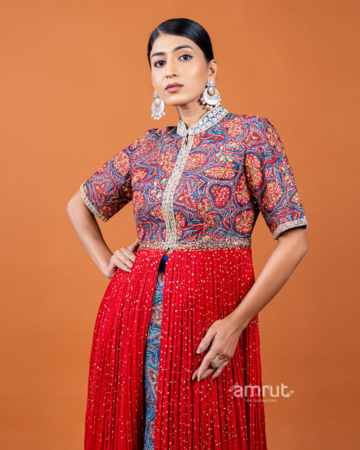 Red Front Cut Designer Kurti with Blue Printed Palazzo