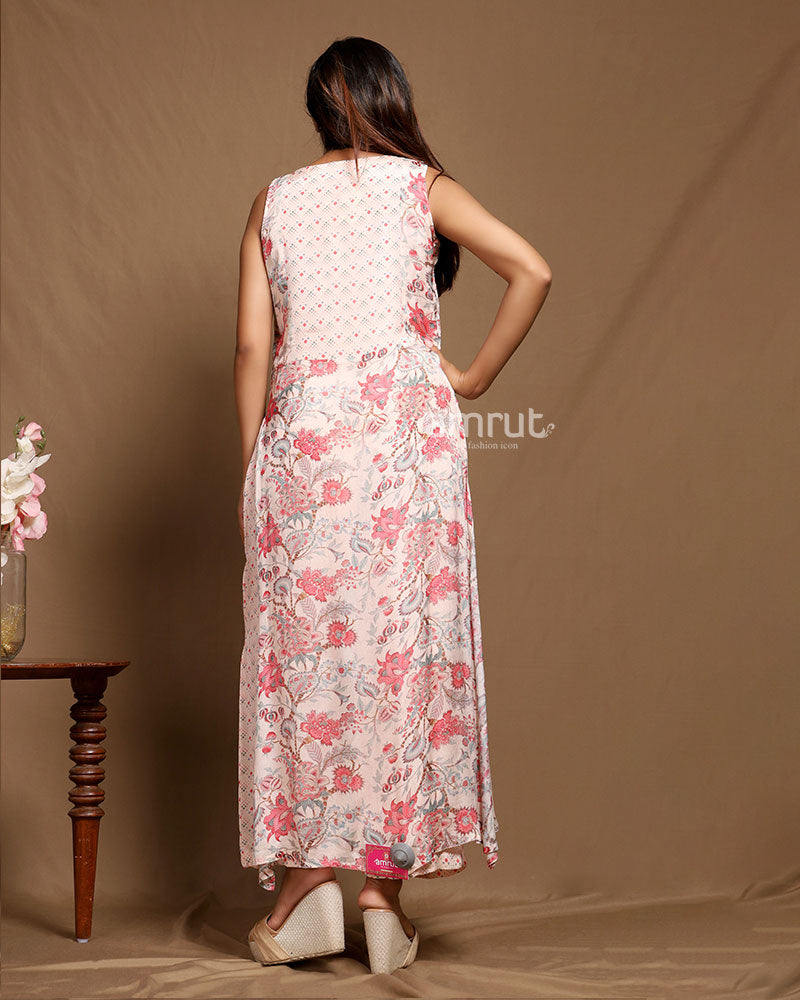 Beige Floral Crepe Silk Asymmetrical Kurta Pant Set