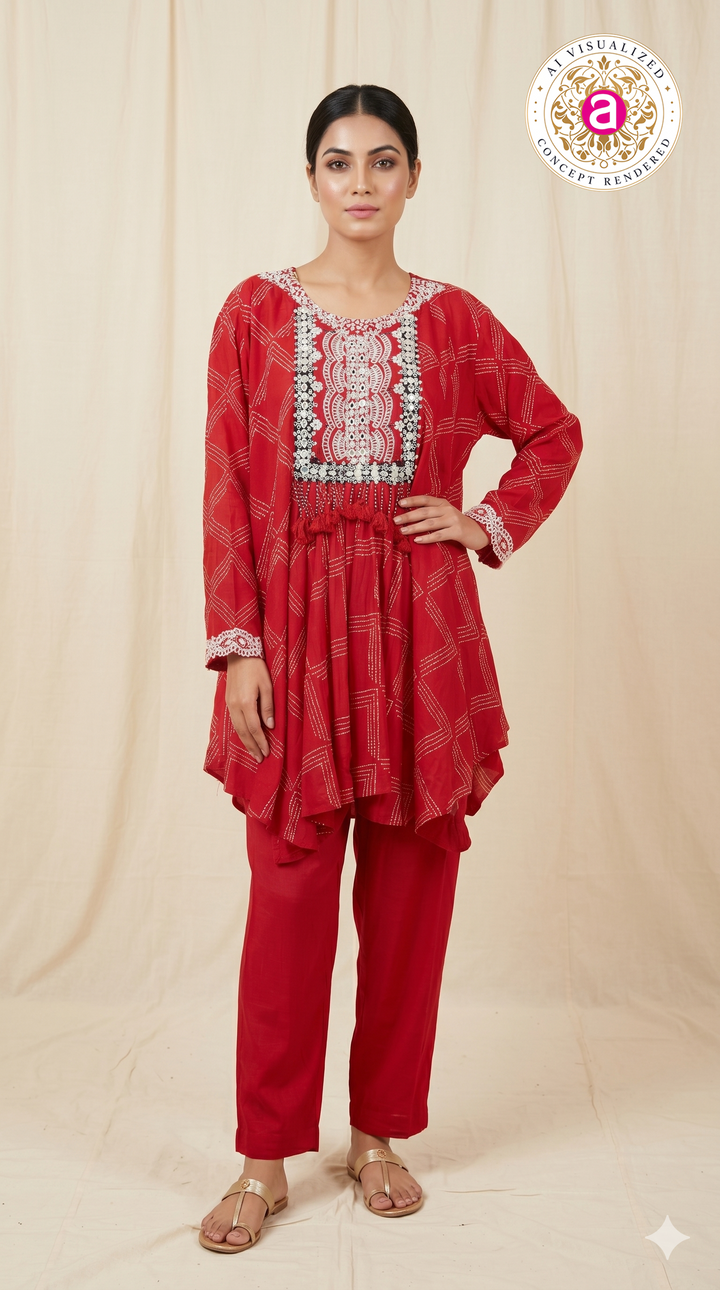 Red Embroidered Co-Ord Set with Asymmetrical Tunic