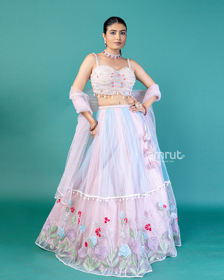 Pastel Pink Floral Embroidery Embellished Lehenga Choli with Translucent Net Dupatta