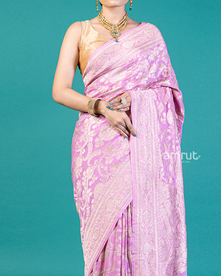 Light Purple Saree with Intricate Silver Zari Floral & Paisley Work and Unstitched Blouse