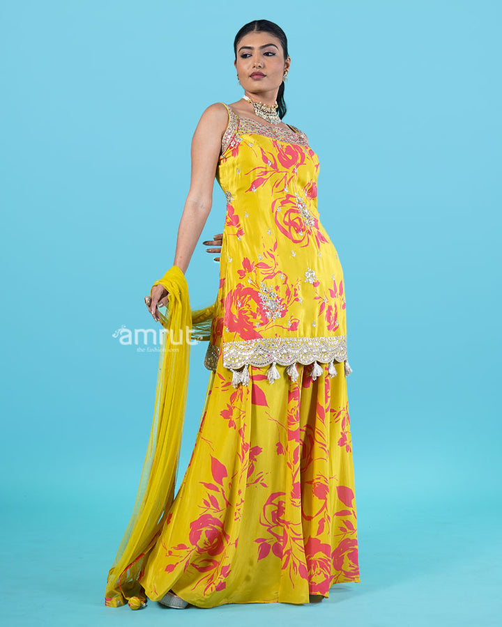 Yellow Floral Print with Beaded Embellished Salwar Kameez with Dupatta