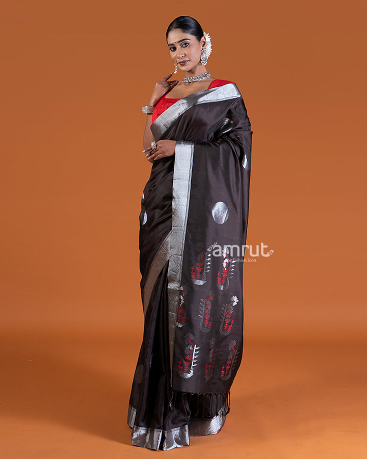 Black Silk with Silver Borders and Maroon Floral Design Saree with unstitched blouse