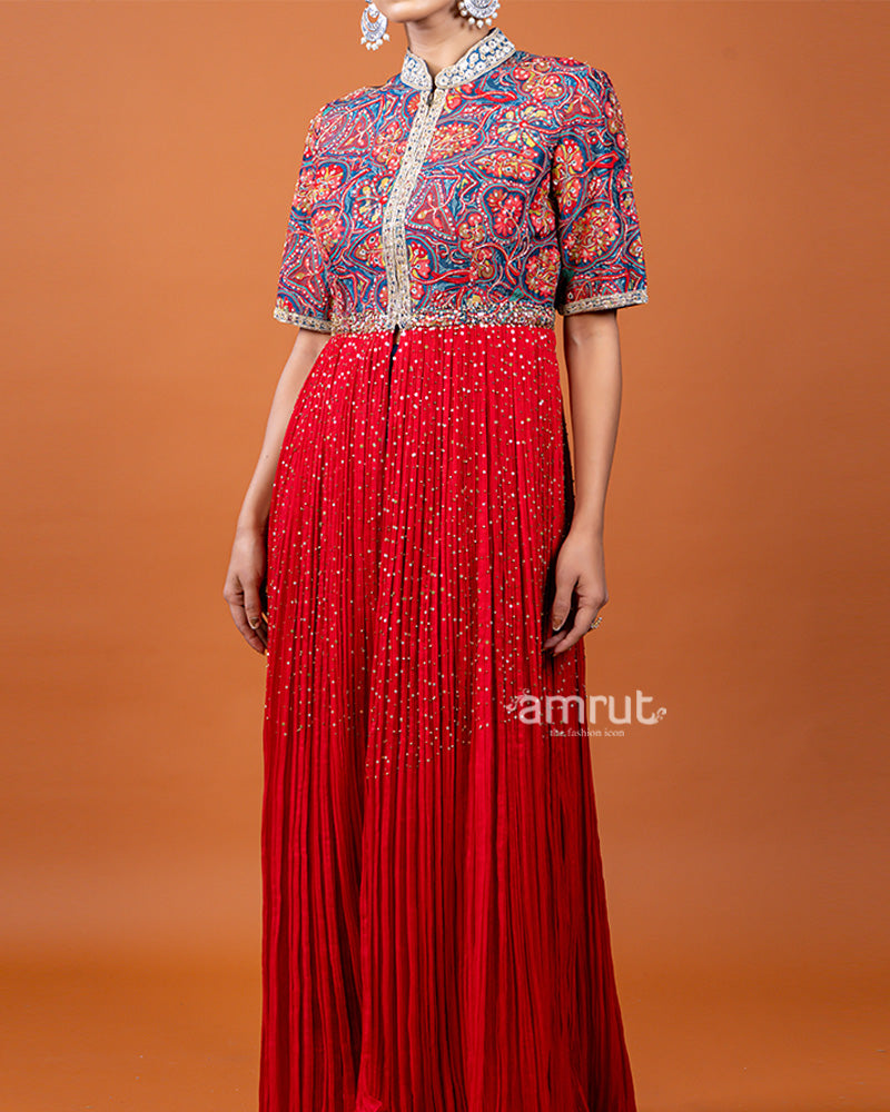 Red Front Cut Designer Kurti with Blue Printed Palazzo