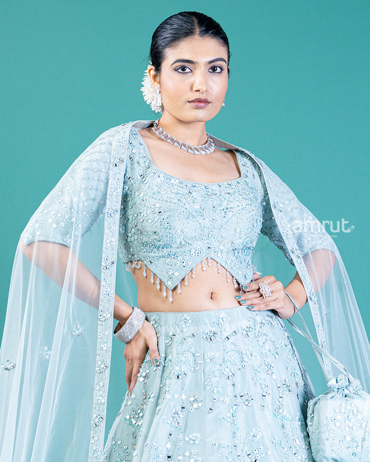 Aqua Blue Embellished Lehenga Choli with A-Line Skirt and Sheer Dupatta with Potli Hand Bag