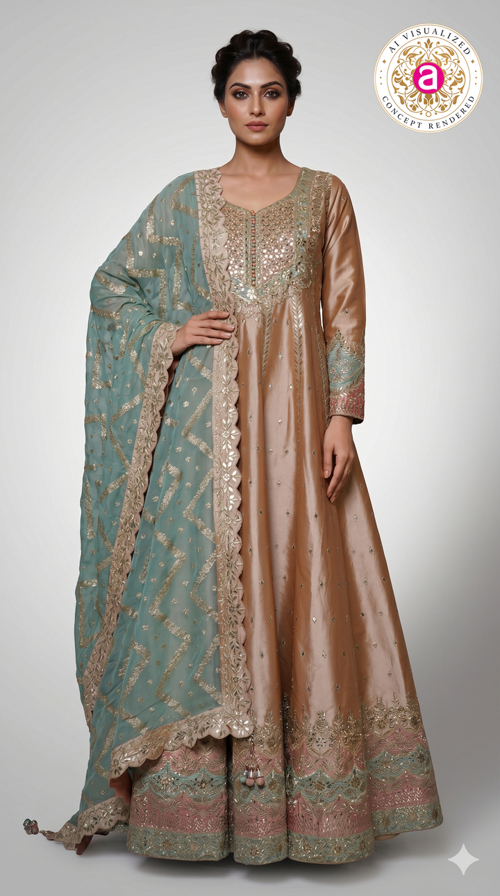 Champagne Gold Anarkali Suit Set with Embroidered Dupatta