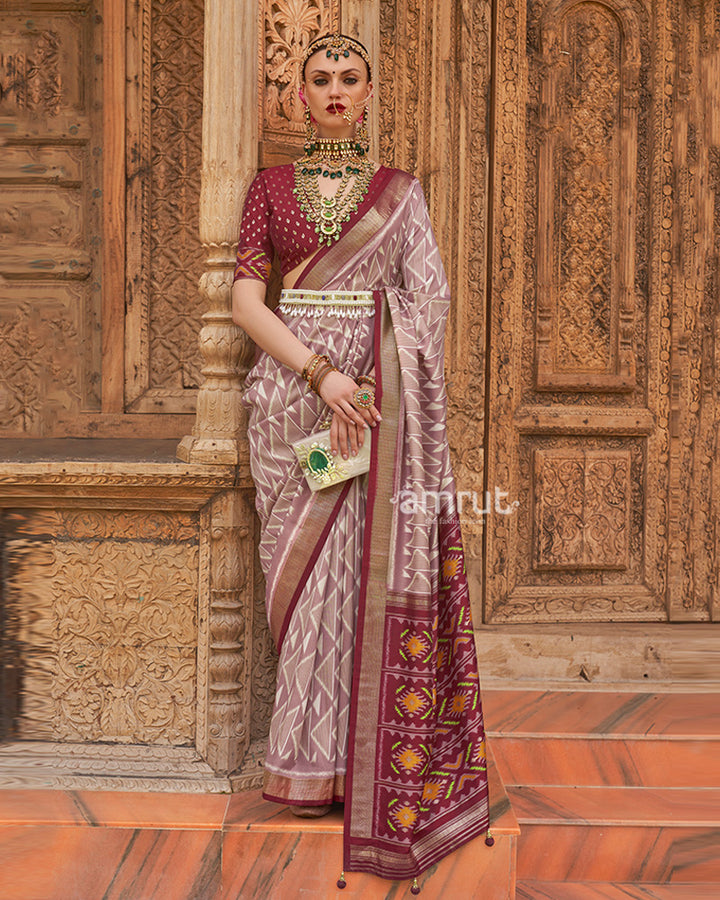 Mauve Geometric Patterns & Maroon Border Patola Silk Saree with Unstitched Blouse