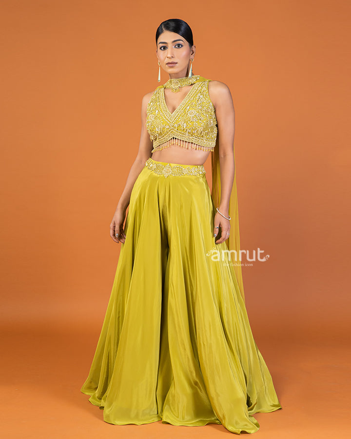 Lime Yellow Embellished Crop Top with Palazzo and Choker-Style Dupatta