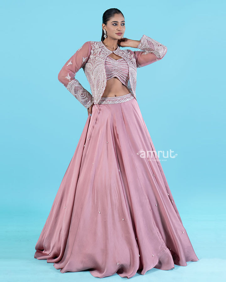 Rose-Pink Embroidered Jacket with Crop Choli and Flared Lehenga