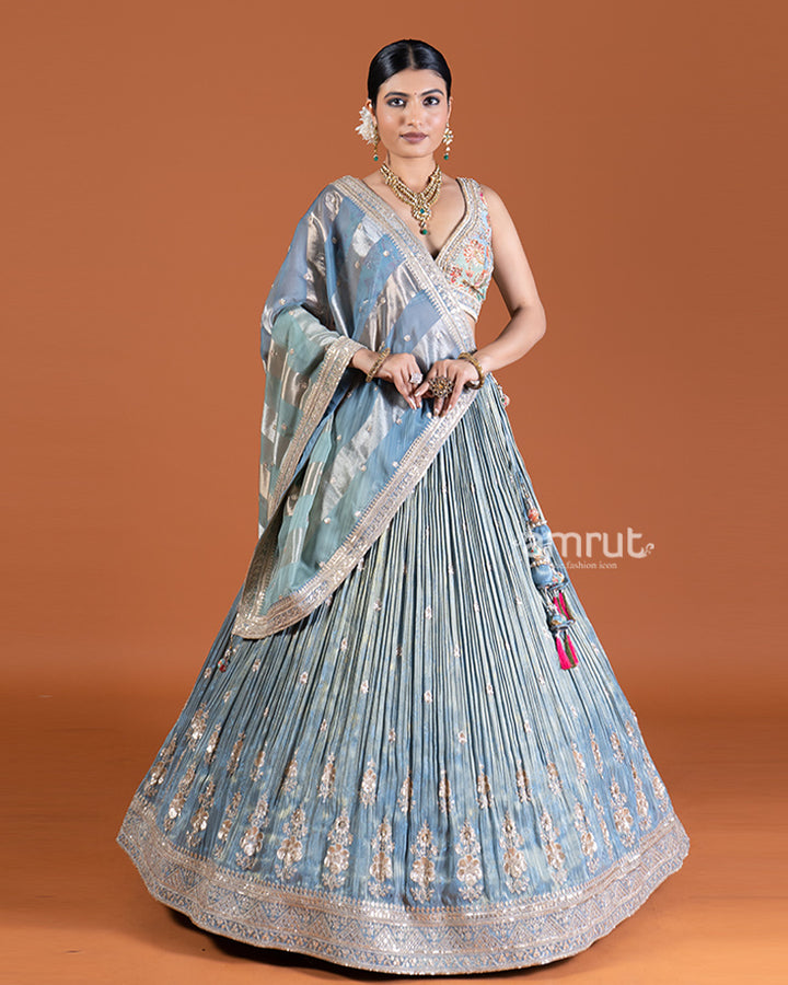 Gray-Blue Lehenga Set with Mint Green Choli, Pink Tassels, and Dupatta