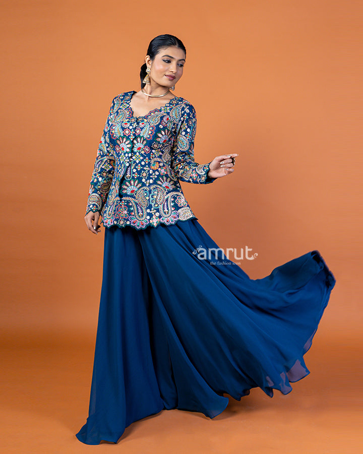 Dark Blue Embroidered Plum Top with Flowing Sharara Pants