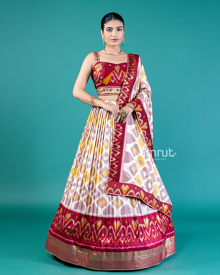 Cream-Beige Geometric Lehenga Choli with Maroon Border and Dupatta