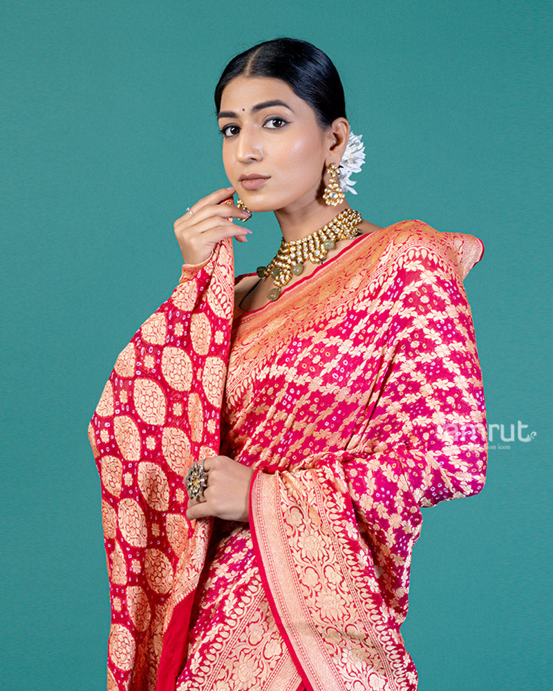 Red and Pink Zari Woven & Bandhej Floral Motifs Saree with Unstitched Blouse