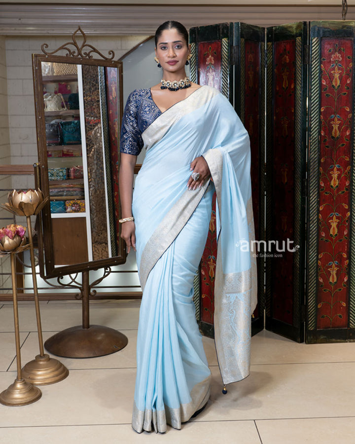 Pastel Blue Zari Woven Silk Saree with Embroidered Blouse