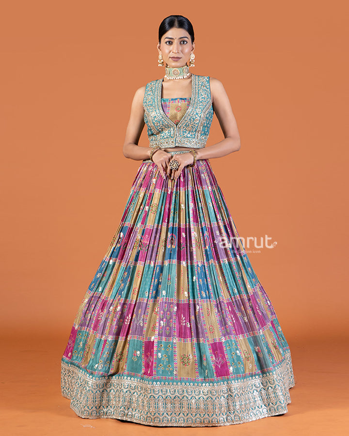 Teal and Golden Embroidered Choli with Multicolor Tiered Lehenga Set