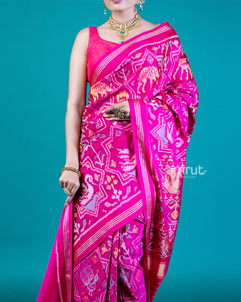 Magenta Pink Ikat Print Patola Saree with Unstitched Blouse