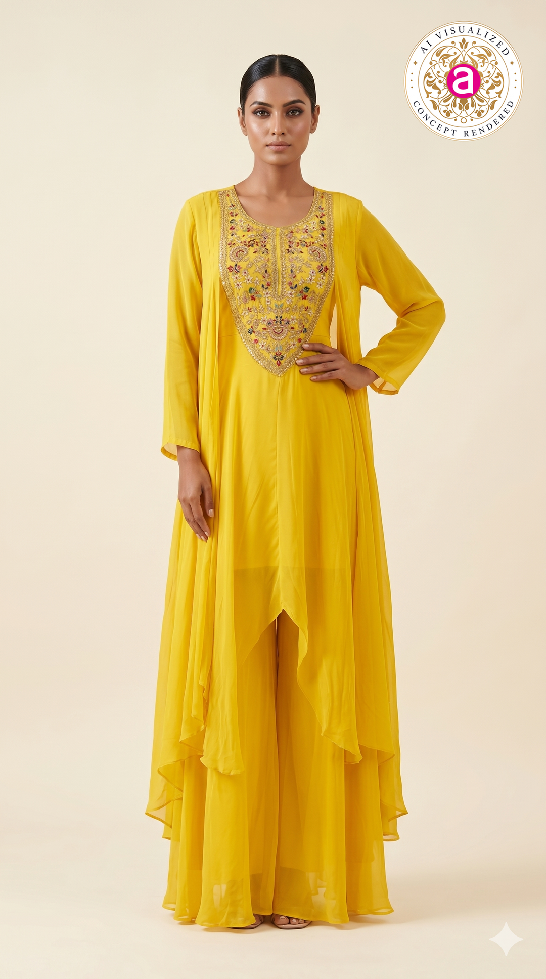 Sunshine Yellow Embroidered Layered Kurta Palazzo Set