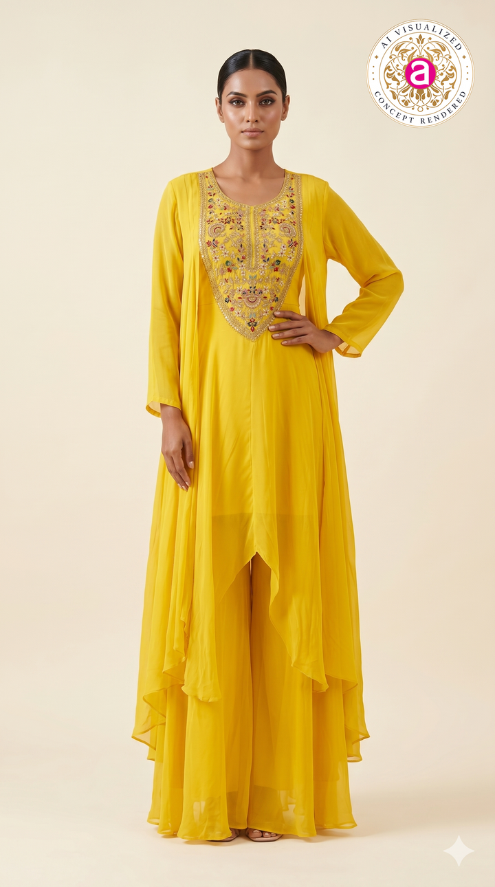Sunshine Yellow Embroidered Layered Kurta Palazzo Set