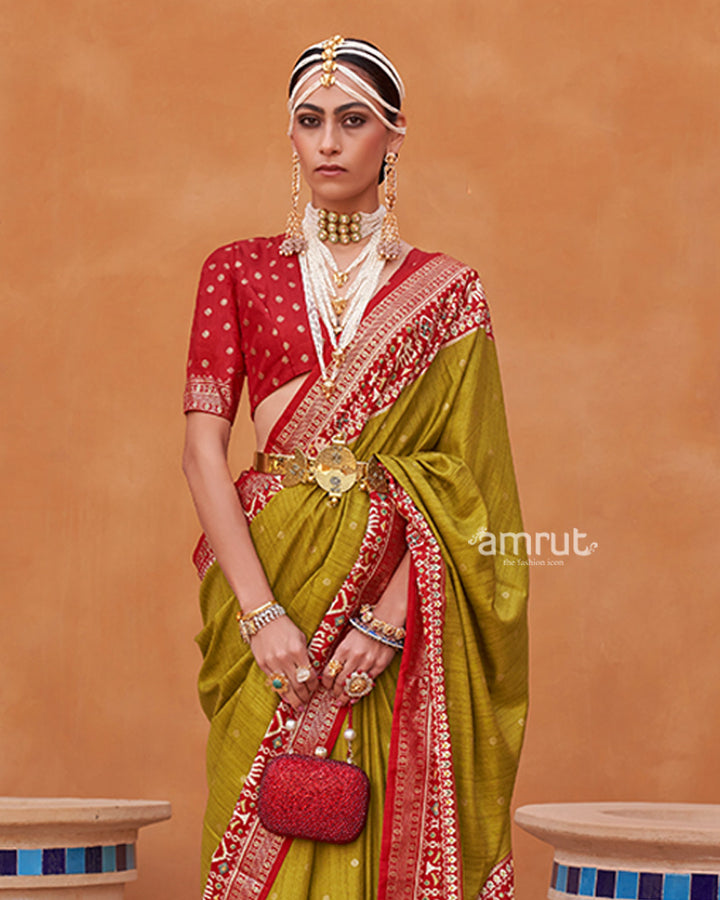 Lime Green Zari Weaving Red Border Saree in Patola Silk with Unstitched Blouse