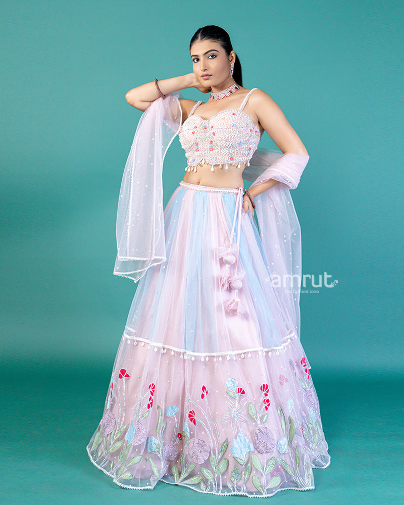 Pastel Pink Floral Embroidery Embellished Lehenga Choli with Translucent Net Dupatta