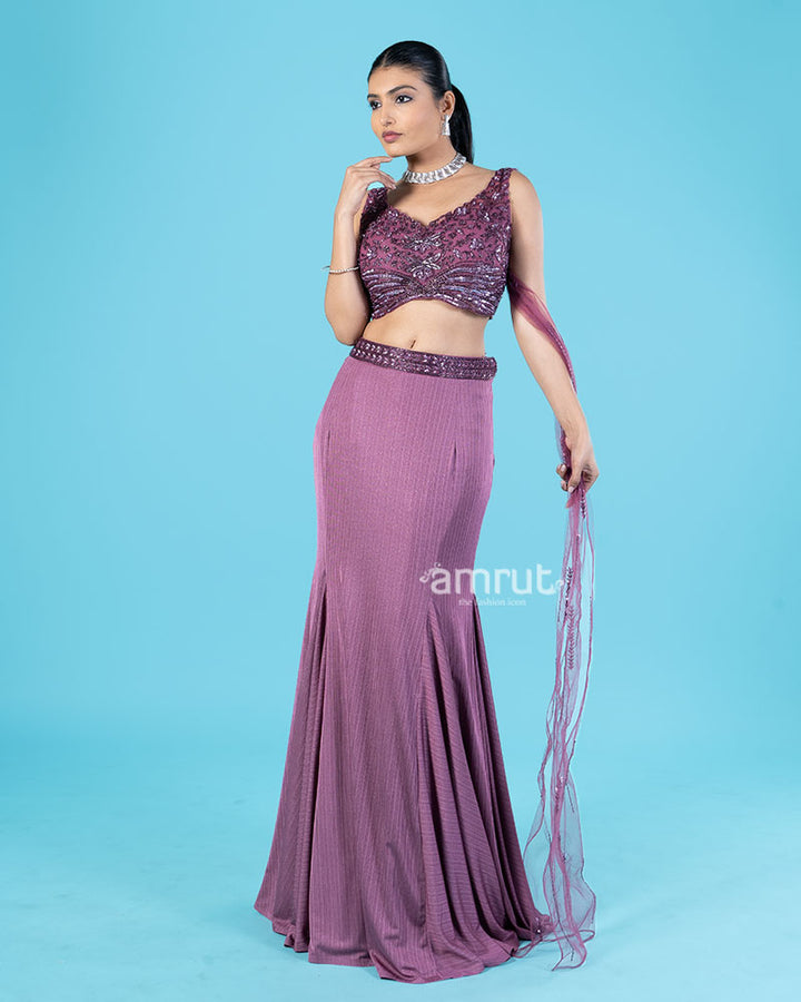 Violet Draped Skirt with Crop Top and Attached Flare Dupatta at One Side